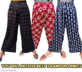 Soft lycra printed women's pyjama/Palazzo pants combo pack (3), free size, suitable for daily wear